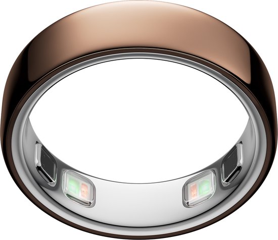 Dieproze Oura Ring met glimmende afwerking en groene en rode LED's aan de binnenkant.