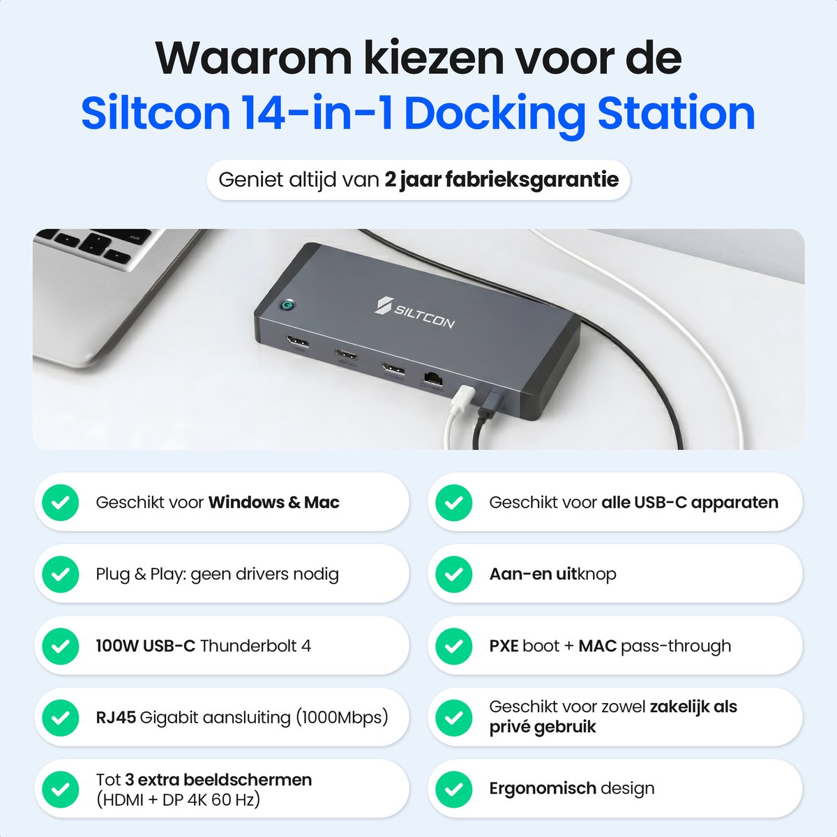 Siltcon® 14 in 1 - Docking Station Laptop – USB C Hub – USB C Dock - 2x Display Link (DP) 4K 60Hz – 1x HDMI 4K 60Hz – 100W Thunderbolt 4 – RJ45 gigabit – 4x USB-A 3.2 – 4x USB-C 3.2 - Plug & Play Geen Drivers – Universeel Voor Laptops – Spacegrey thumbnail 2