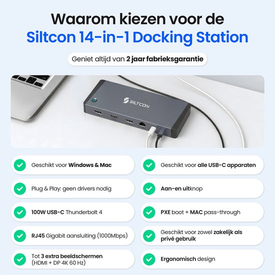 Foto van het grijze Siltcon 14-in-1 docking station, met checklist van voordelen zoals compatibiliteit met Windows & Mac, Plug & Play, 100W Thunderbolt 4, en 3 extra schermen.