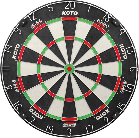 KOTO King Classic dartbord, zwart met witte, rode en groene secties en cijfers.
