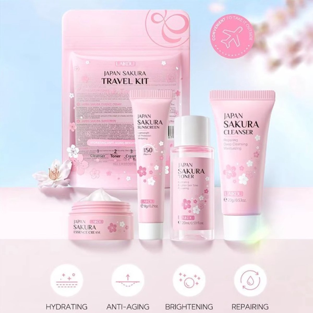 Japan Sakura - gezichtsreiniging - gezichtsverzorging - vakantie - travel - moisturizer set - 4 stuks - cleanser - toner - sunscreen - essence cream - voor de normale tot droge huid