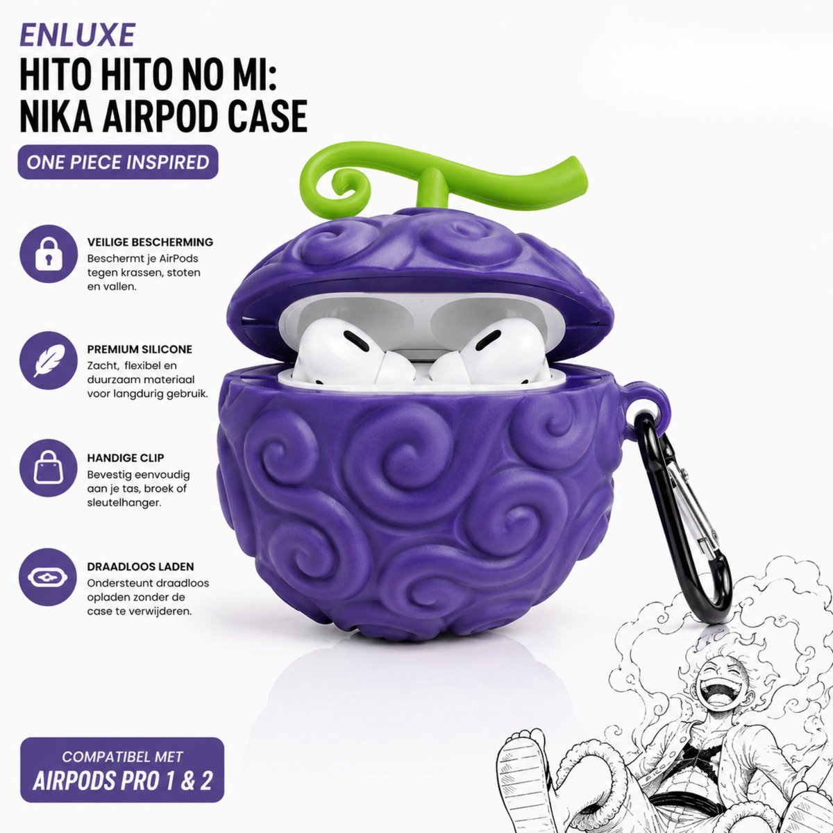 Enluxe - ''Geschikt voor'' AIRPODS PRO 1 - Hito Hito no Mi: Nika AirPod Case hoesje - One Piece Inspired Devil Fruit Design - Monkey D. Luffy Anime