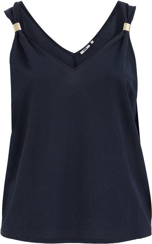 Top bleu marine avec encolure en V et anneaux dorés sur les bretelles.
