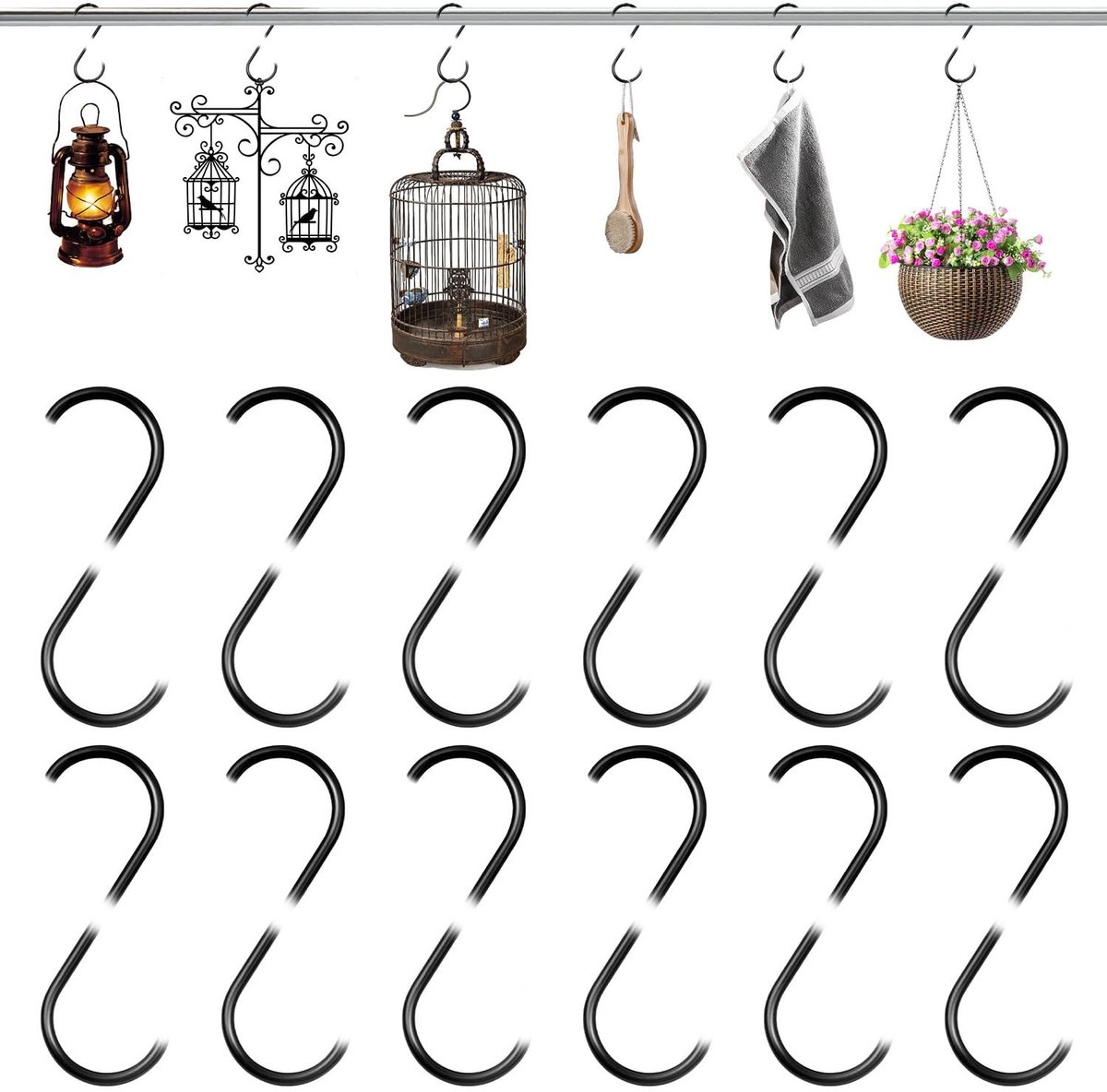 Dailygoods - Innovra - Dailygoods - Dailygoody - S Haak - Multifunctionele Haken - Zwart - Voor Keuken en Kleding - Inclusief Veiligheidsbuckle - Geschikt voor Planten en Verlichting