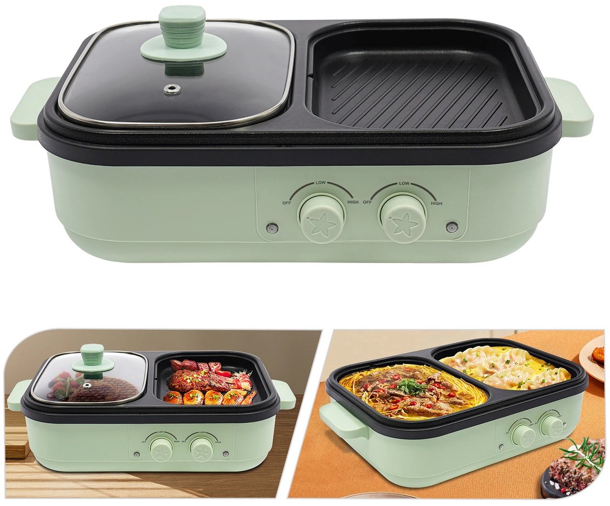 Allero Multicooker - Grill - Grill Apparaat - Barbecue - 2-in-1 - 1300W - Groen - Elektrisch - Anti-aanbak - 7 Standen - Kookplaat