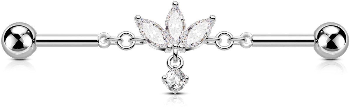 Dailygoods - 14G Lotus Industriële Staafpiercing van Roestvrij Staal met CZ