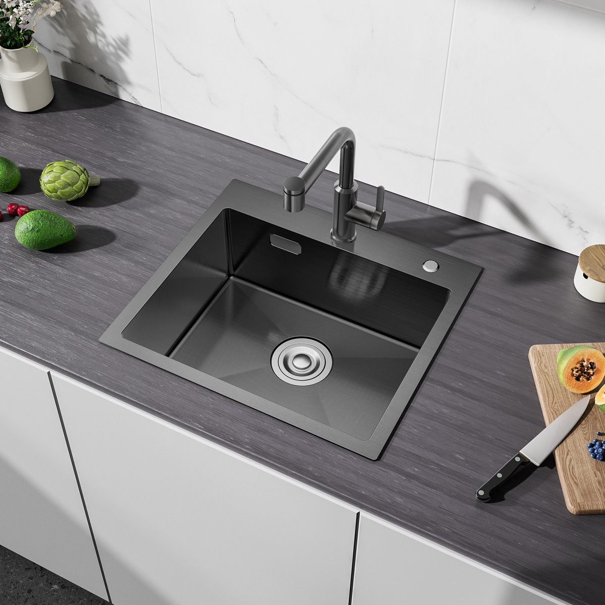 Cecipa max Spoelbak Keuken Zwart - RVS Compacte Gootsteen - Handgemaakt - Geluiddempend - 50x45 cm