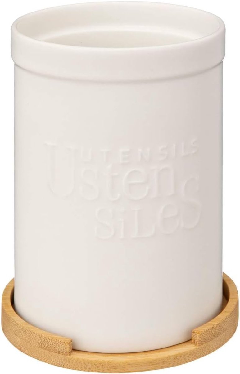 5five Natureo Keramische Bestekpot met Bamboe Stand - 12,8 x 18 cm, Wit