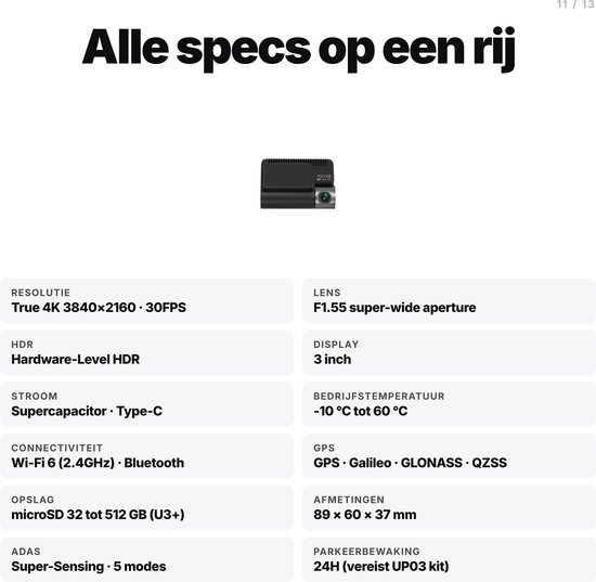 Zwarte dashcam A800SE met specificaties: True 4K 3840x2160, F1.55 lens.