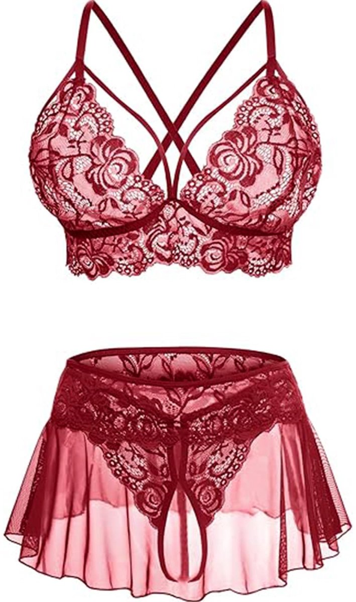 Dailygoods - Driedelige Dames Lingerieset met Kant en Transparant Design