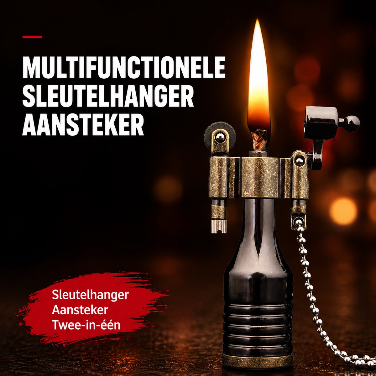 Aansteker Sleutelhanger – Vintage Vuursteenwiel Aansteker – Zwart/Goud – Metaal – 6,3 cm – Navulbaar – Cadeau voor Mannen