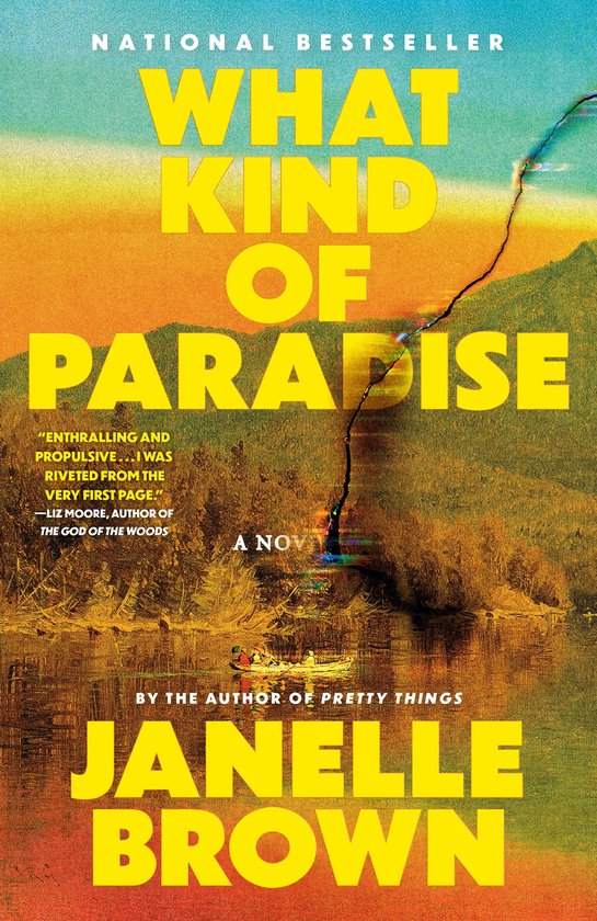 Boek kaft met de titel 'What Kind of Paradise'. National Bestseller. Boek met een bootje op het water en een berglandschap op de achtergrond.