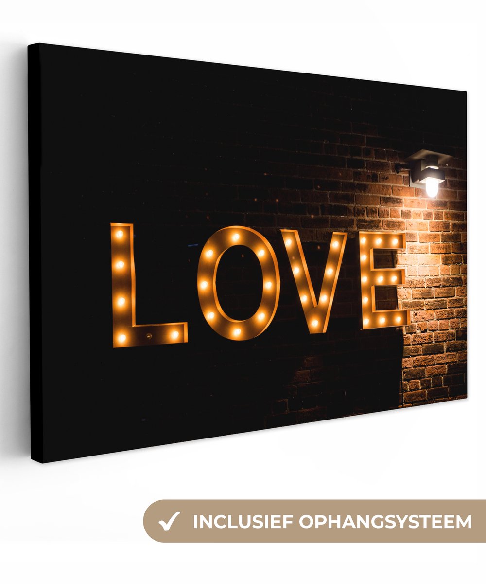 Canvas schilderij 90x60 cm - Wanddecoratie Quotes - Love - Gloeilamp - Liefde - Muurdecora