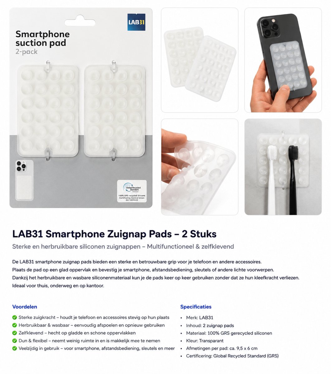 LAB31 Smartphone Zuignap Pads – 2 Stuks – Zelfklevende Silicone Suction Pads – Herbruikbaar – Transparant