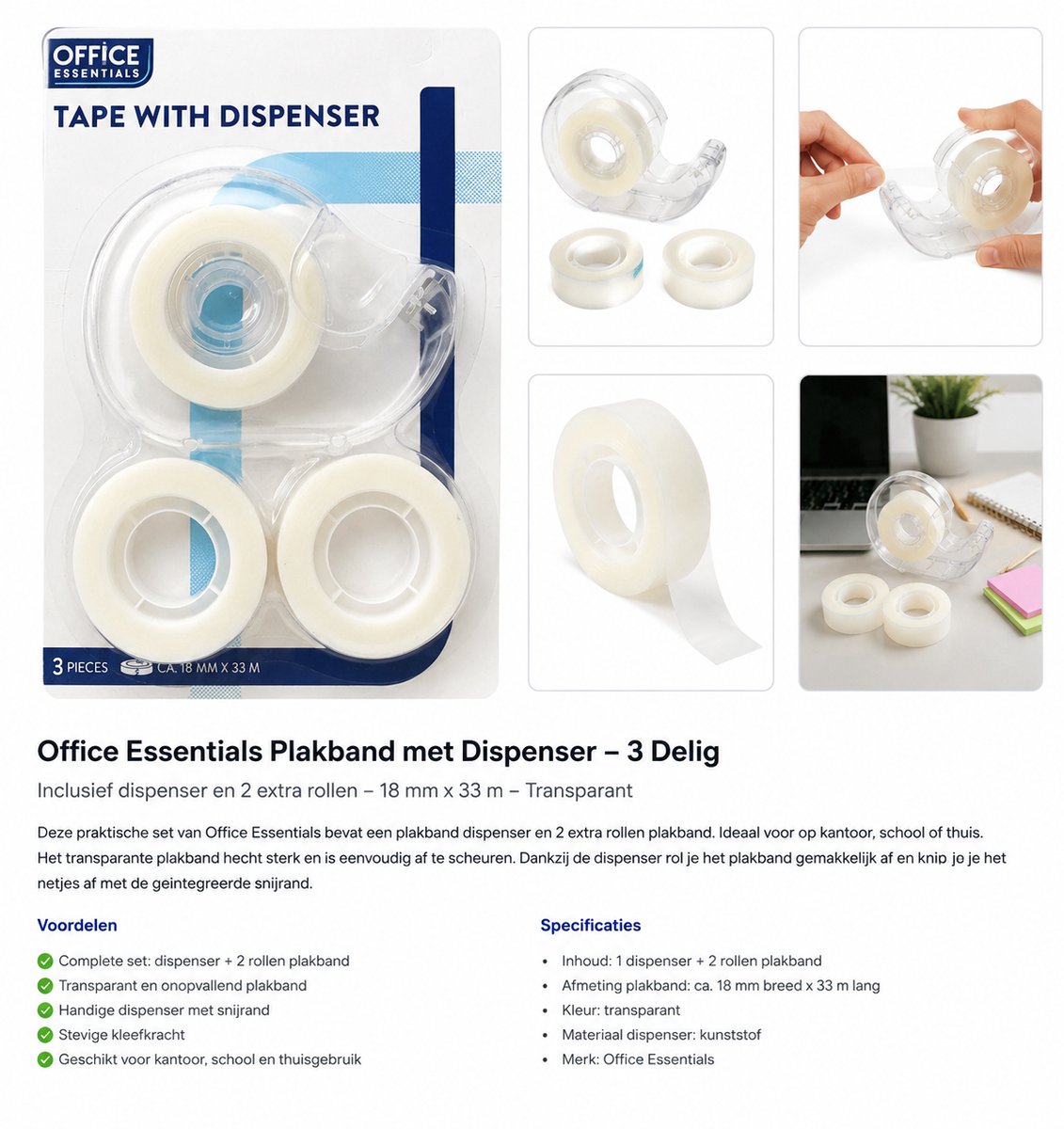 Office Essentials Plakband met Dispenser – 3 Delige Set – Transparant Tape – Inclusief 2 Extra Rollen – 18 mm x 33 m