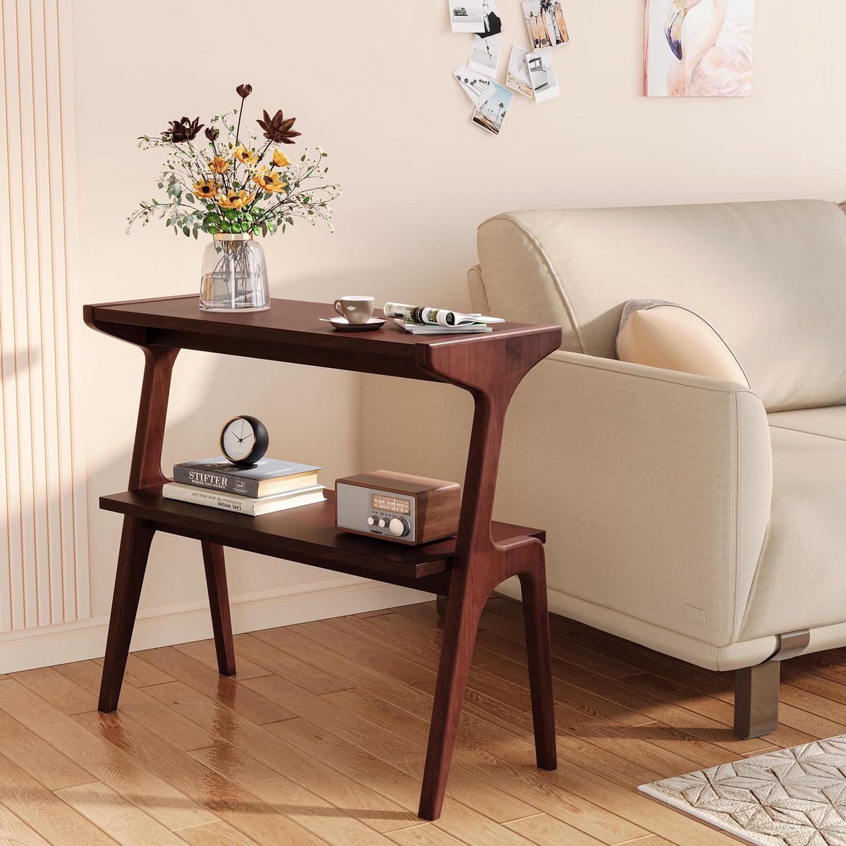 LITTLE TREE Massief Houten Bijtafel - 2 Lagen - Met Opbergplank - Modern Slank Ontwerp - 70 x 30 x 67 - Eenvoudig Te Monteren - Voor Woonkamer En Slaapkamer - Bruin