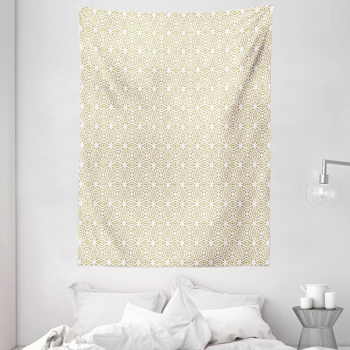 ABAKUHAUS geometrisch wandtapijt, Girih-motiefpatroon, woonkamer slaapkamer wanddoek zijdezacht satijn wandtapijt, 150 x 200 cm, aardgeel en wit Aarde Geel en Wit