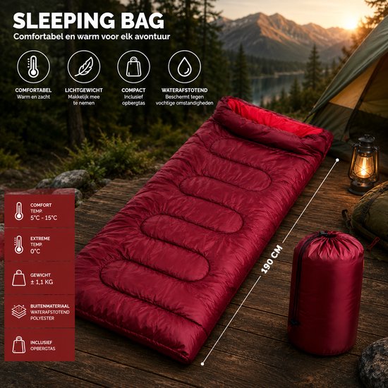 Camp Active Slaapzak Volwassenen - Zomerslaapzak voor 5°C tot 10°C - 190 x 72 cm - Rood van Camp Active — afbeelding 4