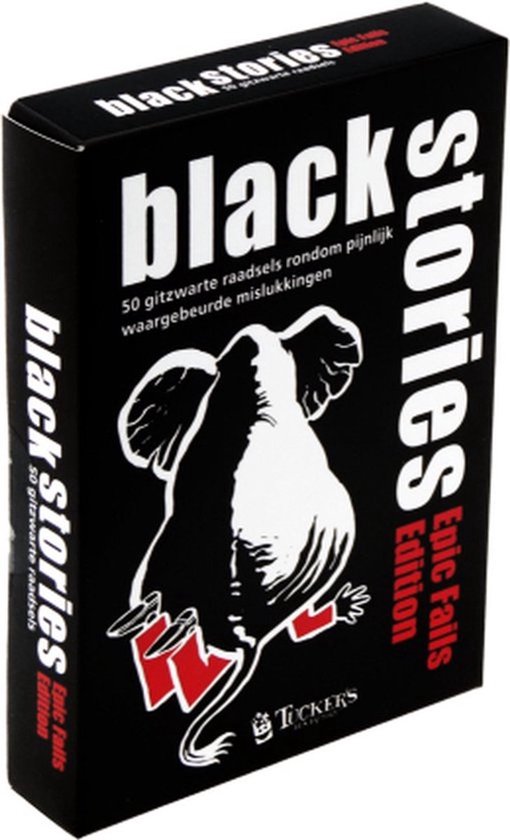 Doos van het spel black stories Epic Fails met een tekening van een olifant met rode laarzen.