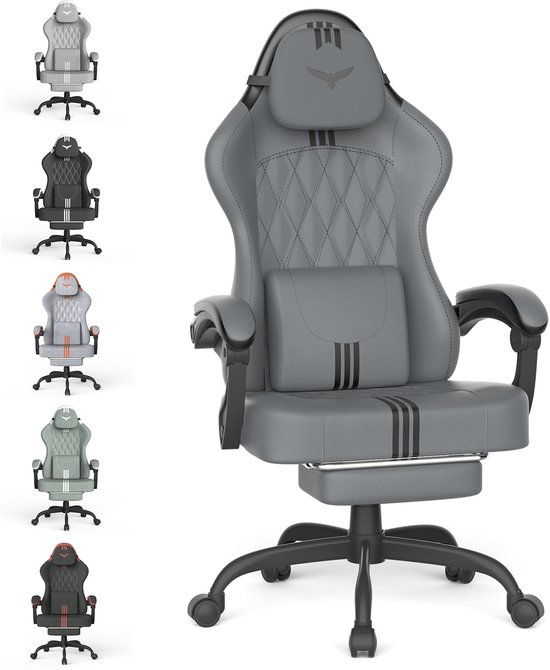Grijze gamestoel in het midden, met aan de zijkant meerdere kleuren stoelen.