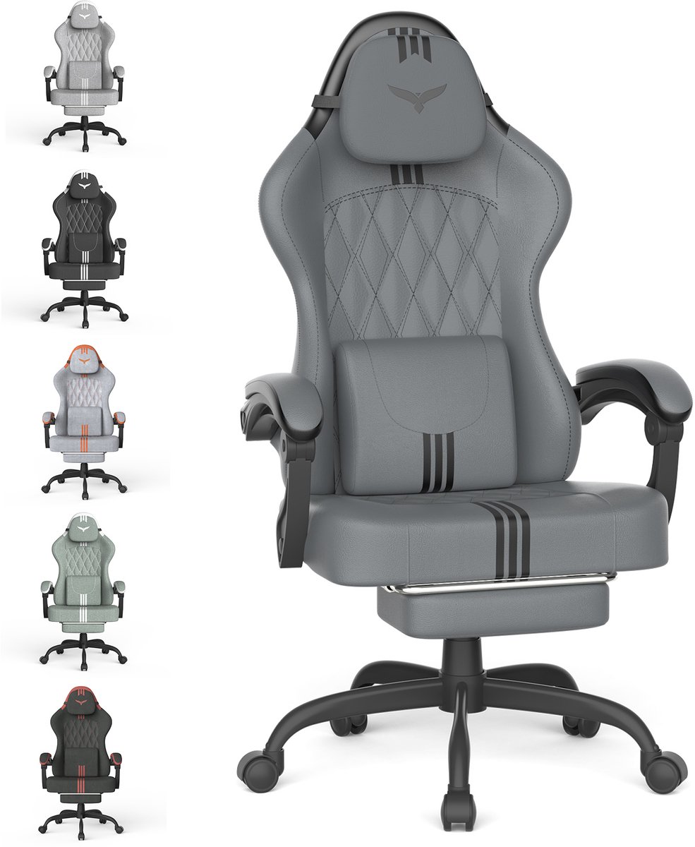 Soontrans - Ergonomische Gaming Stoel - Verstelbare Gamestoel - Lendensteun - Hoofdsteun - Voetsteun - Hoogteverstelbaar & 360° Draaibaar - PU-Leer - Multifunctioneel als Bureaustoel - Werkstoel en PC-Stoel - Grijs-zwart