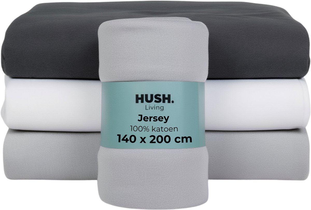 HUSH Living Hoeslaken jersey - 100% katoen - 160 grms - kreukvrij & strijkvrij - rekbaar - lekker warm - 140x200+30cm - lichtgrijs