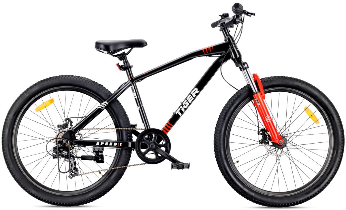Sun Baby TIGER BIKE Mountainbike 26 MTB-fiets voor jongens en mannen jeugd fiets 26 inch stalen frame 7 versnellingen schijfremmen vering Zwart-Rood