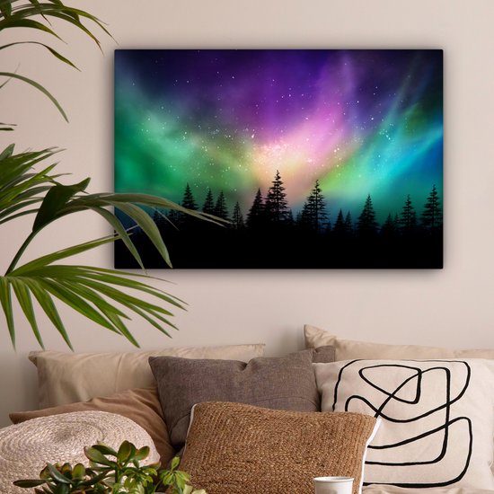 Canvas schilderij 60x40 cm - Wanddecoratie Noorderlicht - Sterrenhemel - Bos - Canada - Muurdecoratie woonkamer - Slaapkamer decoratie - Kamer accessoires - Schilderijen op canvas