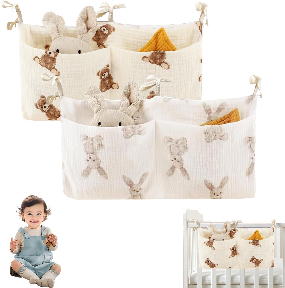 Dailygoods - 2 Stuks Babybedorganizer met Dierenmotieven