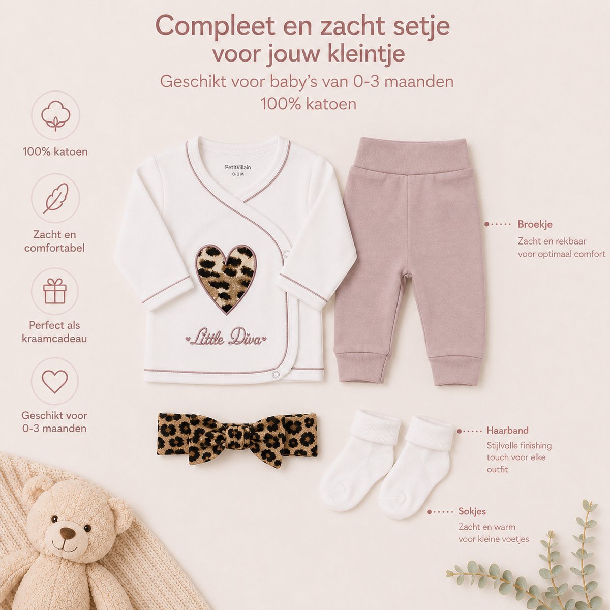 Blijeitje - Luxe 4-delige kraampakket meisje - Kraamcadeau meisje - Babycadeauset meisje met stylvolle babyhoofdband, Shirtje, Broekje & Sokjes - Little Diva Design – foto 6