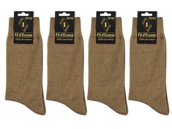 Vier paar beige sokken met het label 'Fil d'Ecosse 100% coton-katoen' en maat 39/42.