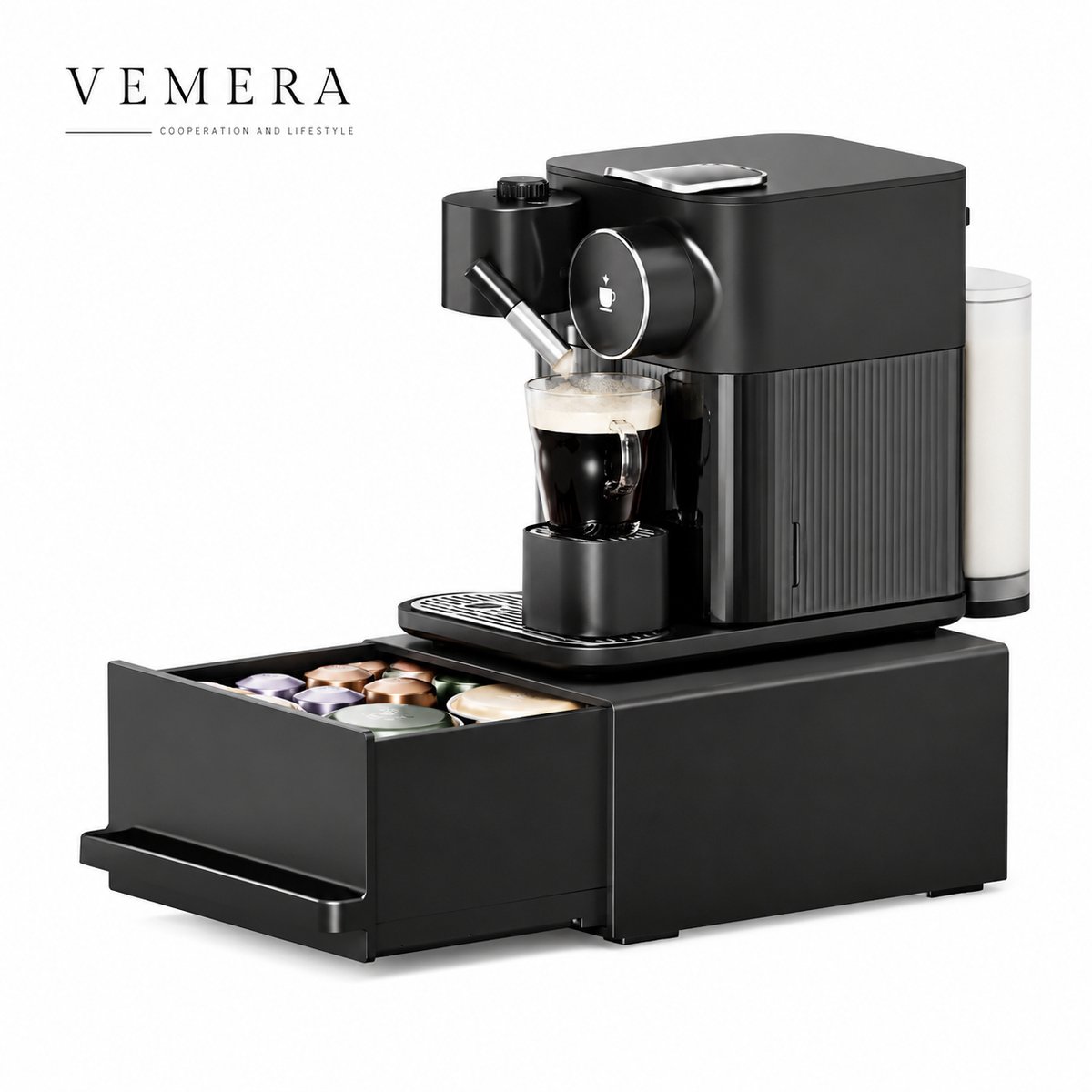 Vemera opberglade - koffie en thee houder - uittrekbare lade met aanpasbare magnetische scheidingswanden - 27,5×22×11,5 cm - zwart