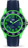 Blauw horloge met neon-groene wijzerplaat, lunette en cijfers. Donkerblauwe band.