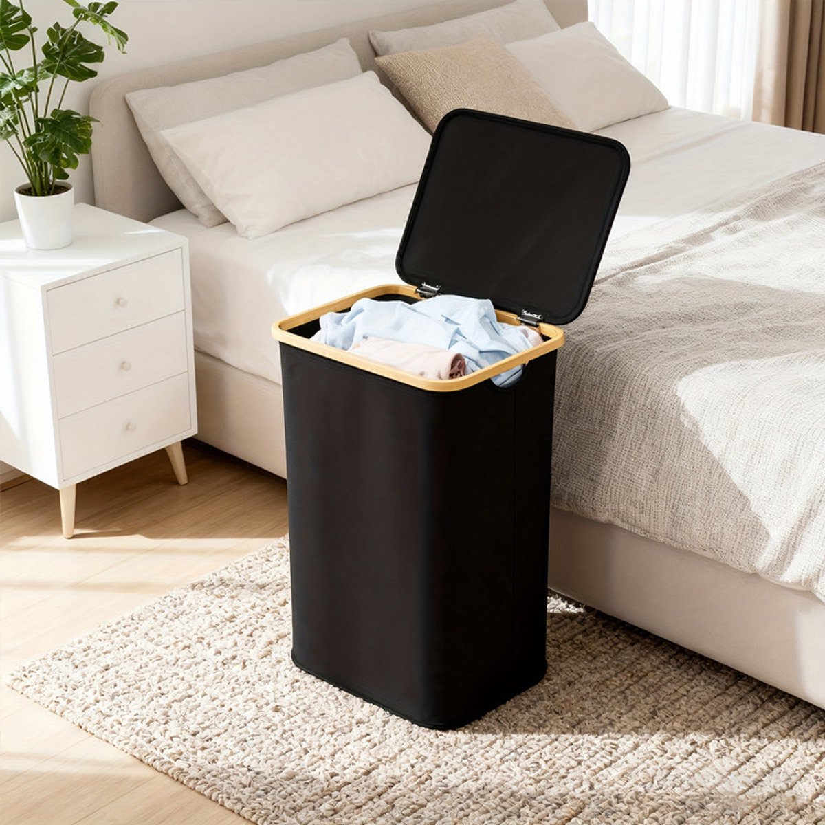NETTLIFE Wasmand Met Deksel - Zwart - Opvouwbaar - Met Handgrepen En Afneembare Zak - Lichtgewicht En Compact - Voor Slaapkamer Badkamer Studentenkamer En Wasruimte