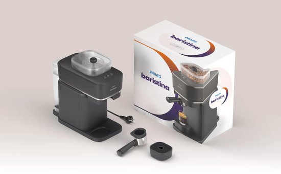 Philips Baristina volautomatische espressomachine met verpakking en accessoires.