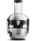 Philips sapcentrifuge in geborsteld staal met transparante container en zwarte band.