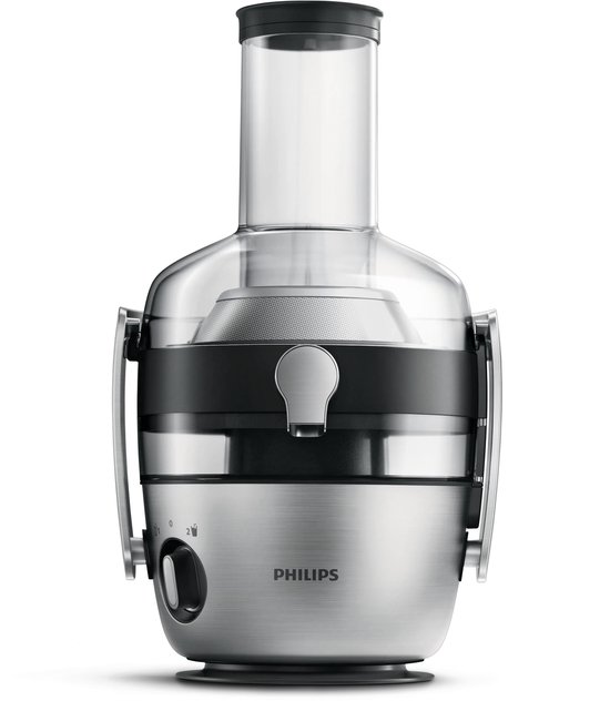 Philips sapcentrifuge in geborsteld staal met transparante container en zwarte band.