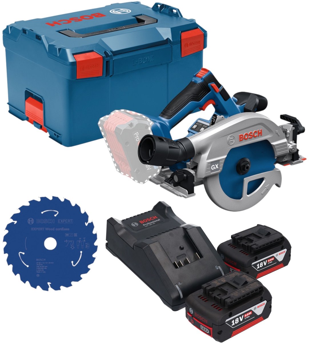 Bosch GKS 18V-57-2 GX Professional accu-cirkelzaag 18 V 165 mm borstelloos + 2x accu 5,0 Ah + oplader + L-Boxx