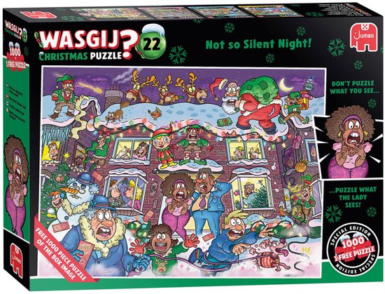 Wasgij Christmas 22, 'Niet zo'n stille nacht!' puzzeldoos met kersttafereel van een sneeuwbedekt huis met veel figuren.