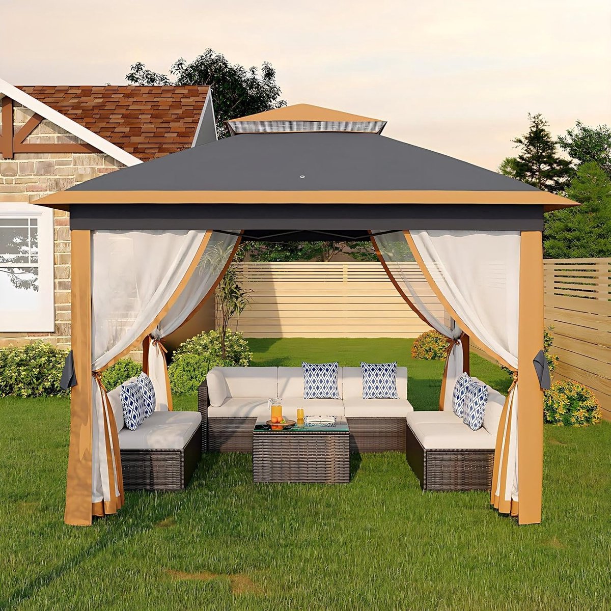 Pop-up Partytent 3.35 x 3.35 m - Luxe Gazebo met Muskietennet - In Hoogte Verstelbaar - Waterbestendig Paviljoen - bruin