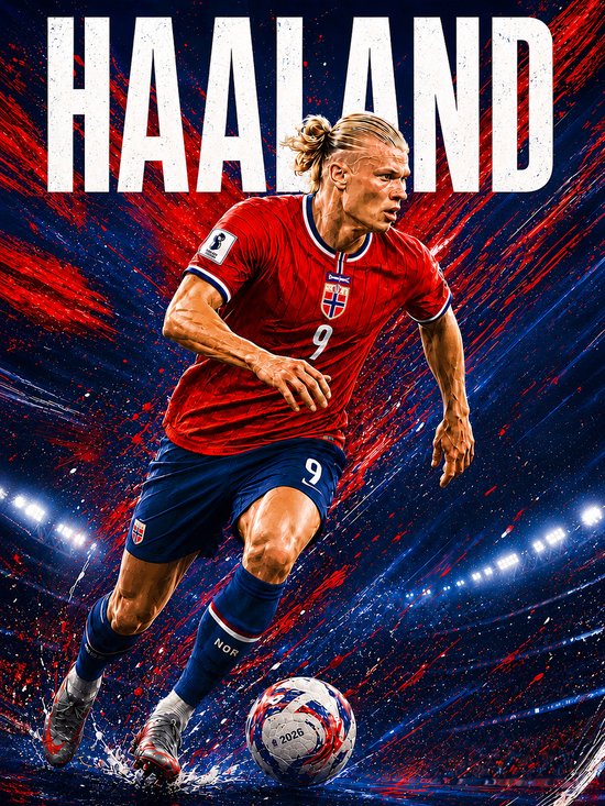 Haaland en maillot de foot norvégien rouge, numéro 9, dribblant avec un ballon, effet rouge-bleu dramatique.