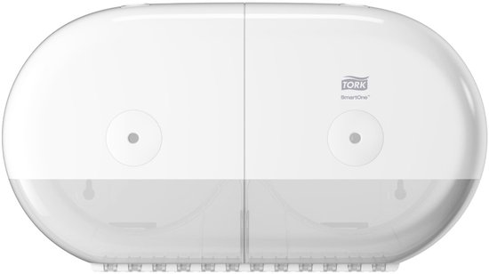 Witte Tork SmartOne Mini Twin Dispenser voor toiletpapier.