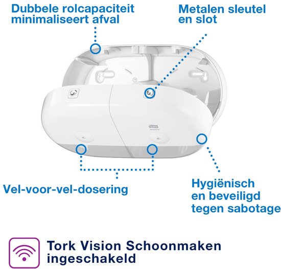 Open witte Tork SmartOne Mini Dispenser toont dubbele rolcapaciteit, sleutel en slot.