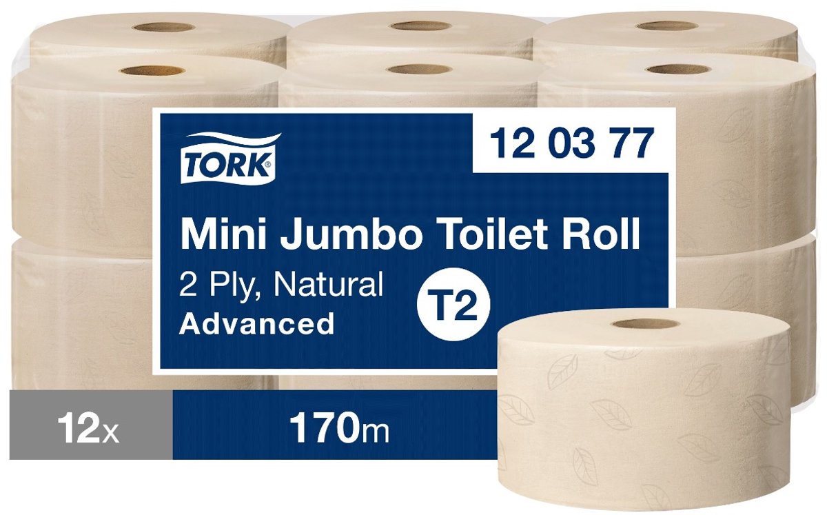 Tork 120377 12st Mini Jumbo Toiletpapier 2-laags Naturel Advanced T2 pak à 12 rollen (120377)