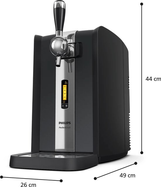 Zwarte Philips PerfectDraft thuistap met gesloten klep en afmetingen 44 x 26 x 49 cm.