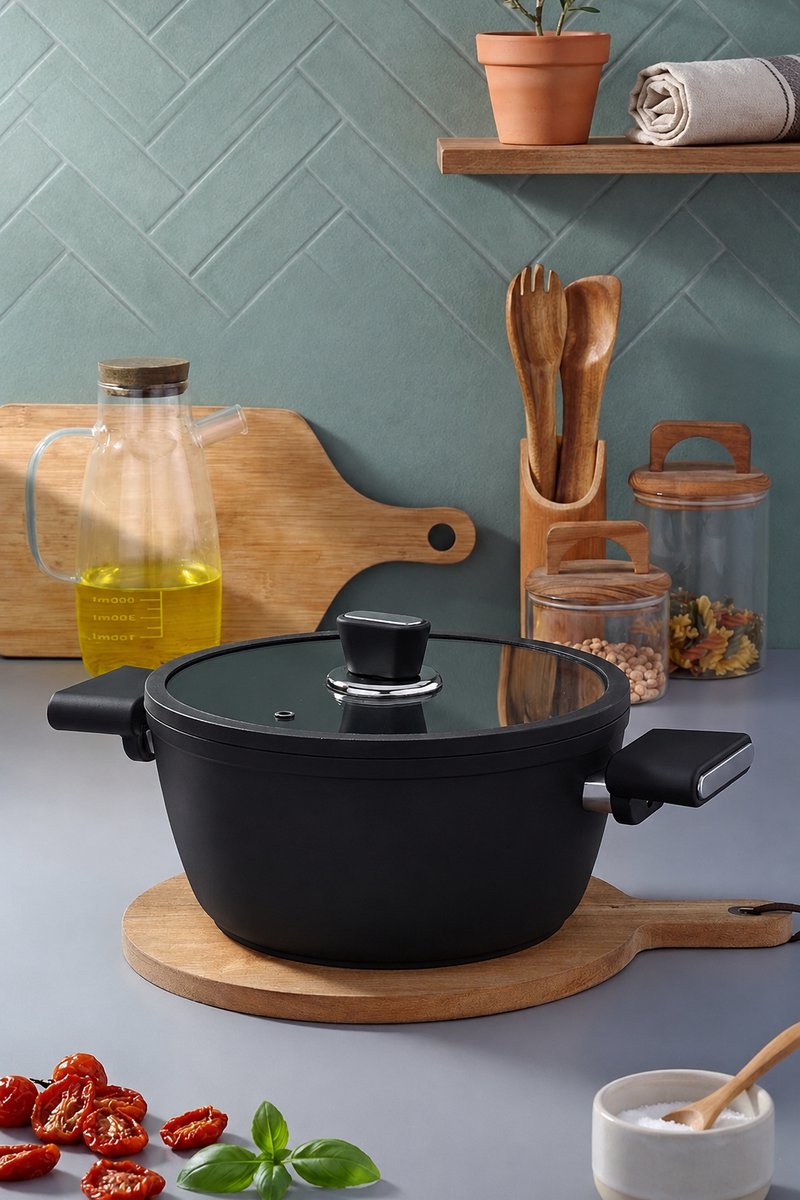 Polochef VSD-124 - Vista Seramische Diepe Kookpan 24 cm – Zwart – Anti-aanbak – Inclusief Glazen Deksel – Inductie Geschikt