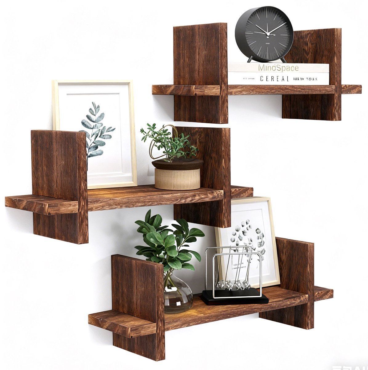 Lemlit Wandplanken Set 3 Stuks - Zwevende Wandplanken Houtlook 26,2/32,5/39,9 cm - Decoratief Wandrek voor Woonkamer Keuken Slaapkamer en Badkamer - Donkerbruin