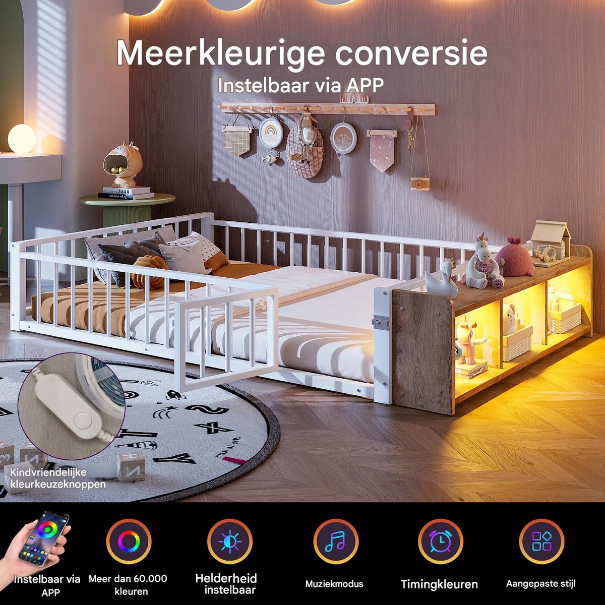 VVBV Kinderbed 140x200 – met Opbergruimte, Veiligheidshek, LED-Verlichting – Metaal – Wit – Zonder Matras – met Uitvalbeveiliging, Opbergvakken en LED White