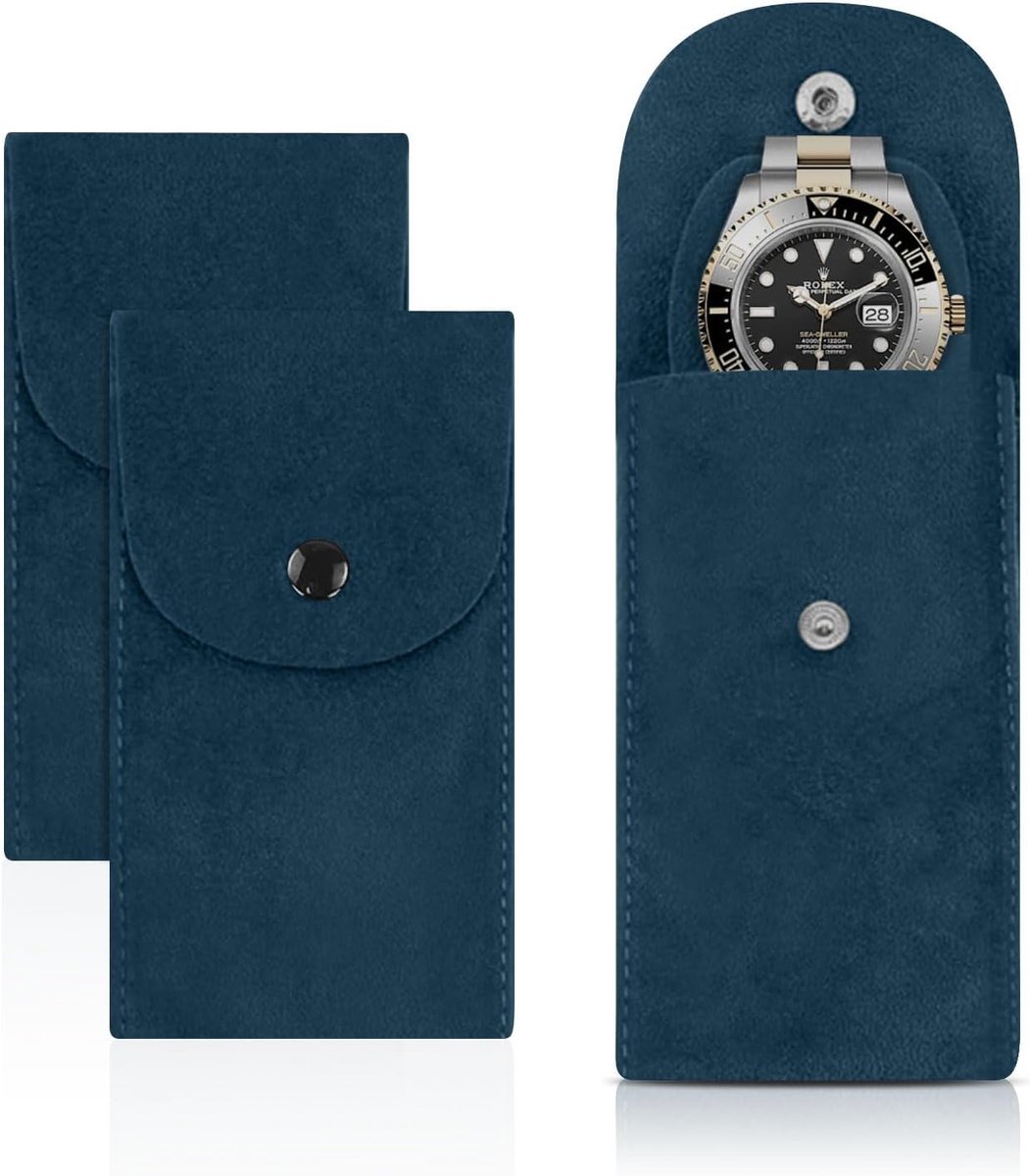 Set van 2 fluwelen horloge-opbergzakjes, met ingebouwd horlogekussentje, geschikt voor zowel mannen als vrouwen, horlogetasje, cadeauzakje met sluiting (blauw)
