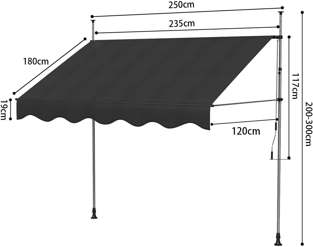 Jently luifel - zonnescherm - uitschuifbaar - klem - handmatig - 200-300x250 - zwart